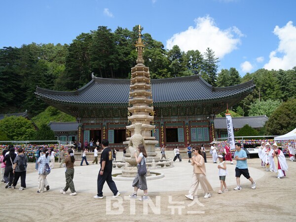 2026년 청년 국제교류프로그램에 참가한 세계 청년들이 월정사 경내를 탐방하고 탑돌이를 체험하고 있다. 사진=월정사